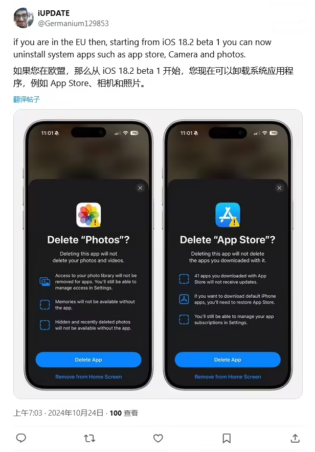 乐亭苹果手机维修分享iOS 18.2 支持删除 App Store 应用商店 